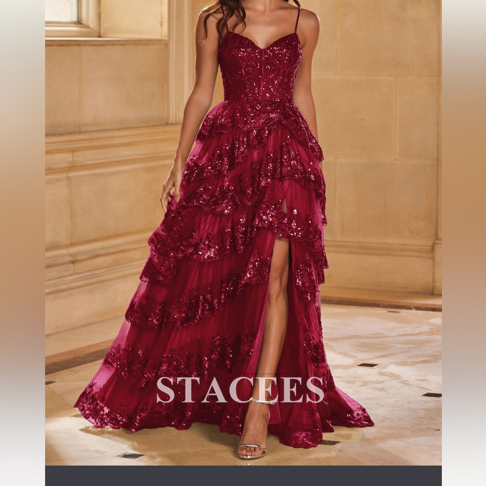 Stacees Red burgundy A-line Corset Tiered Ruffle Slit Prom Dress with Sequins